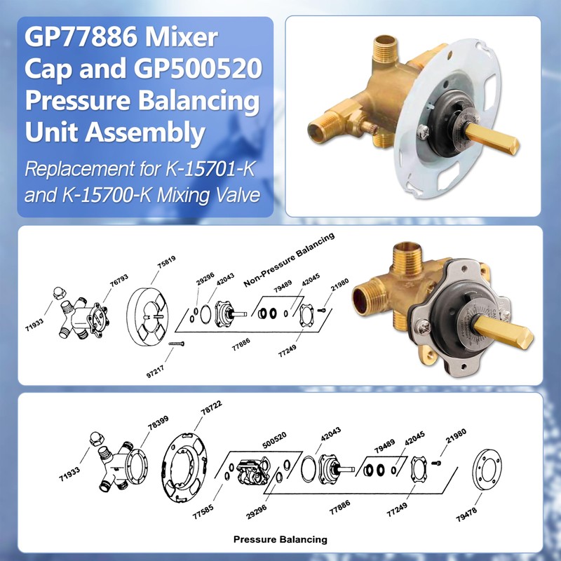 GP77886 Mixer Cap and GP500520 Pressure Balancing Unit Assembly Compatible