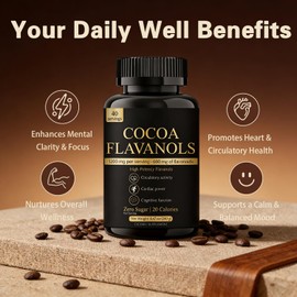 High Flavanol Cocoa Powder Supplement | 1200mg Flavanols Complex for Antioxidant Support, 600mg Flavonoids (Epicatechin), Support Heart Health & Sustained Energy | Sugar Free, Non-GMO Formula for Coffee, Smoothies & Active Lifestyles | Support Daily Well