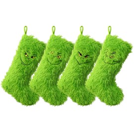 Pawliss Grinchmas Spirit Christmas Stockings: 4PC 18 Inch Faux Fur Christmas Stocking Embroidered with Green Face, Lush Green Fuzzy Textured Stocking, Soft Christmas Décor Home Gifts Party Supplies