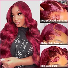 13x4 99j Body Wave Wig Burgundy Lace Front Wigs Human Hair 200% Density 30 Inch Hd Transparent Body Wave Frontal Wig Pre Plucked with Baby Hair Red Wine Wigs for Women Body Wave Colored Wig