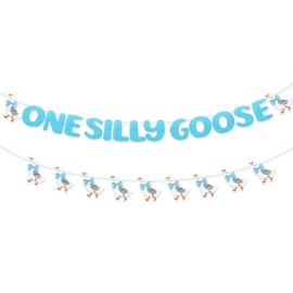 BOXOB One Silly Goose Birthday Banner, Pre-Strung Cute Goose 1st Birthday Decoration Sign Glitter Hanging Garland for Kids Baby Shower Farm Theme Party Decor Photo Backdrop