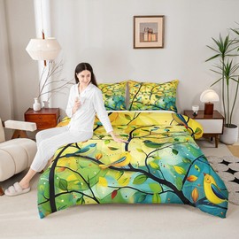 Castle Fairy Tree of Life Comforter Set Boho Style Bird Bedding Set Oil Painting Aesthetic Bedding Home Decor Yellow Teal Comforter Queen Size 3 Pieces Quilted Duvet Set 1 Comforter with 2 Pillowcase
