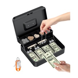 Uniclife Cash Box with Money Tray and Lock, Large Money Box for Cash Register, Safe Metal Lock Box with Key, Portable Money Saving Box, Black Metal Cash Drawer, 11.9" x 9" x 3.7"