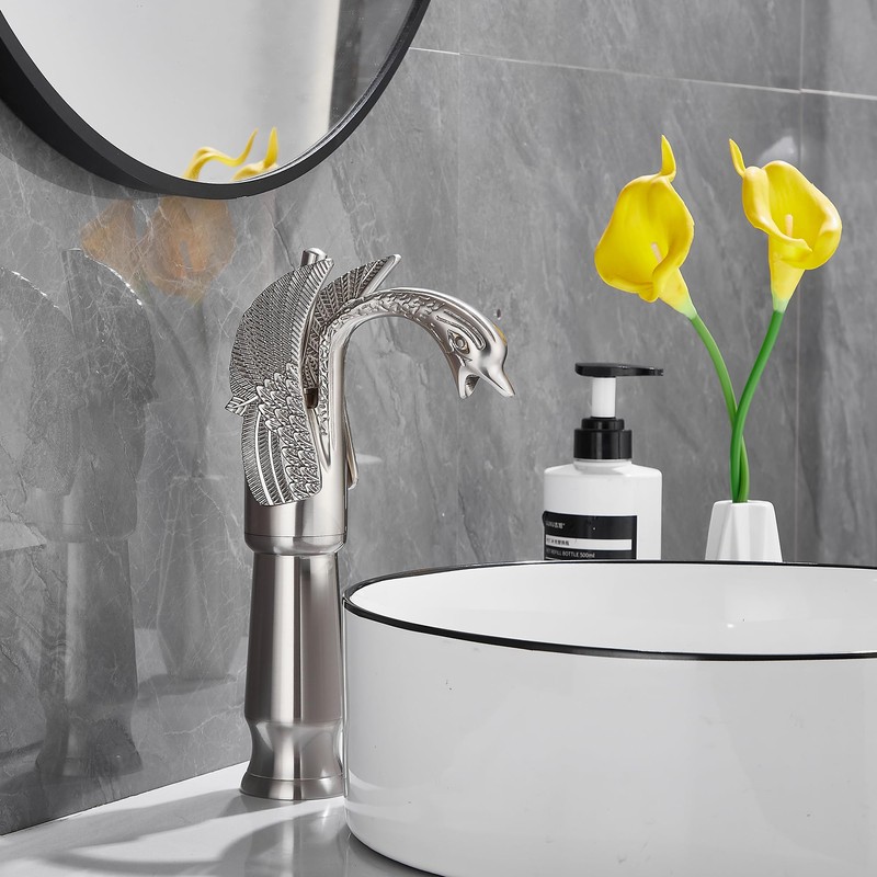 GGStudy Brushed Nickel Swan Shape Single Handle 1Hole Bathroom Vessel