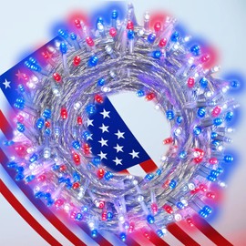 4th of July Decorations Patriotic Decor Lights, Red White and Blue String Lights Indoor, 200LED 66FT Outdoor, 8 Modes for Memorial Day Christmas, Independence Day, Bedroom, Garden, Patio, Yard