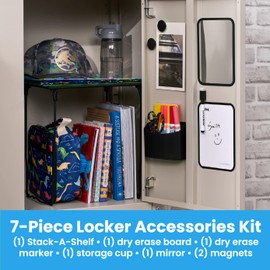 LockerMate 7-Piece Locker Organizer Kit, Includes Locker Shelf, Mirror, Whiteboard, Storage Cup & Dry Erase Marker - Black