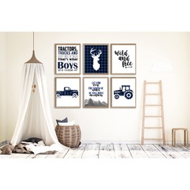 Silly Goose Gifts Navy Blue Buffalo Plaid Deer Tractor Truck Themed Children Wall Decor (Set of Six) Stag Hunting