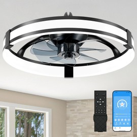 Aipsun Low Profile Ceiling Fans with Lights and Remote, 3000K-6500K Smart Bladeless LED Fan, 20" Black Modern Flush Mount Ceiling Fans with Lights for Bedroom