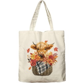 Dlzdn Fall Highland Cow Canvas Tote Bag For Women Aesthetic Shopping Grocery Bag Beach Bag Gifts for Women Teacher Bag Reusable Grocery Bag Thanksgiving Day Gift