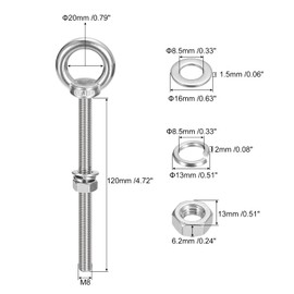 sourcing map Lifting Eye Bolt, 2 Sets M8 x 120mm Eye Bolt with Nut Washer 304 Stainless Steel Shoulder Lifting Ring Eye Bolt for Hanging Item
