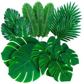 Decopom Hojas de palma artificiales tropicales, 84 unidades, 6 tipos, hojas de palma falsas verdes grandes con tallos para safari, selva, hawaiano, luau, fiesta, decoración de mesa, boda, cumpleaños, fiesta temática