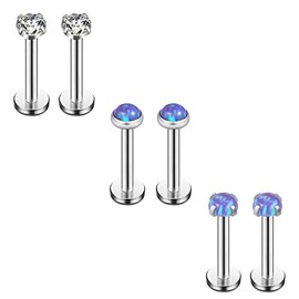 Ruifan 3mm Purple Opal & Clear CZ Internally Threaded Stainless Steel Labret Monroe Lip Ring Tragus Helix Earring Stud 16G 5/16" 8mm 6PCS