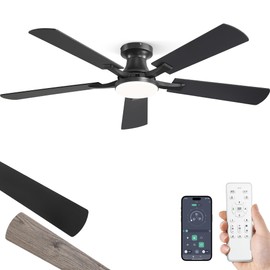 ZMISHIBO 52 Inch Ceiling Fan with Light, App&Remote Control, Flush Mount Low Profile, Dimmable 20W LED Light, Quiet Reversible Motor for Bedroom, Living Room, Apartment, Black