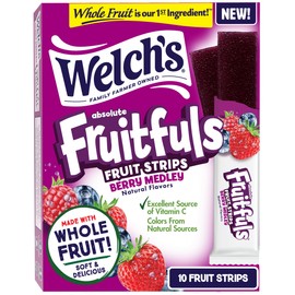 Welch's Absolute Fruitfuls Fruit Strips, Tasty Dried Fruit Snacks for School Lunches, Berry Medley, 0.5oz (Pack of 10)