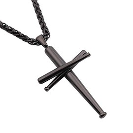 RMOYI Cross Necklace Baseball Bats Athletes Cross Pendant Chain,Sport Stainless Steel Cross Necklaces for Men Women,Small Black 24 Inches