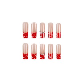 SINHOT Square Press on Nails Medium Fake Nails Glossy Glue on Nails Red Zebra Stripes Acrylic Nail 3D Rhinestones Squoval Artificial Nail French Tip Stick on False Nail with Design 24 pcs