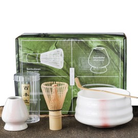 SHGarden Matcha Whisk Set Handcrafted Bamboo Japanese Matcha Tea Set House Hold Tea Making Tool Matcha Bamboo Whisk and Scoop Ceramic Matcha Bowl and Whisk Holder for Matcha SH0036 (White with Pink)