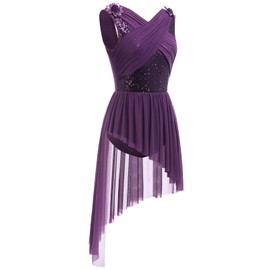 AFAVOM Women's Lyrical Dance Costume Sleeveless V-Neck Sequin Flower Lyrical Dance Dress Asymmetric Flowy Mesh Tulle Skirt Contemporary Dance Costumes Ballet Leotard Dancewear Purple XS