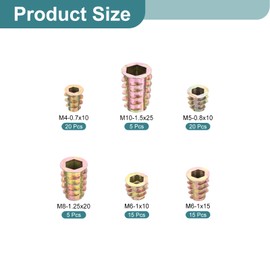sourcing map 80Pcs 6 Sizes M4/M5/M6/M8/M10 Threaded Inserts Nuts, Zinc Alloy Hex Screw Inserts Bolt Assortment, Metric Bolt Fastener Hex Socket Drive Tool Kit for Wood Furniture