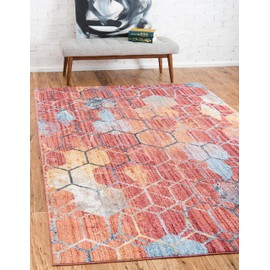Unique Loom Rainbow Collection Geometric Abstract Trellis Modern Watercolor Red Area Rug (8' 0 x 11' 0)