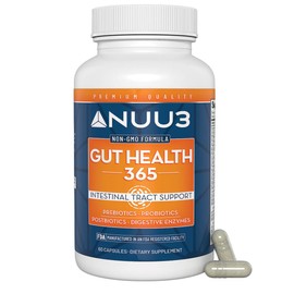 NUU3 Gut Health 365 - Digestive Enzymes & Probiotic Supplement for Women & Men - Bloating & Digestion Relief - Supports Gut Microbiome & Healthy Immune Function - 60 Capsules