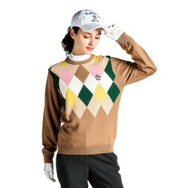 Munsing Wear MG4FST80L Women's Crew Neck Argyle Pattern, Handwash, Stylish, Golf Sweater,, BW00 (Brown)