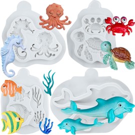 Lingzhi Sea Animal Fondant Molds Dolphin Sillicone Mold Turtle Crab Clown Fish Seahorse Octopus Molds for Marine Theme Cupcake Topper Chocolate Candy Sugar Craft Gum Paste Polymer Clay Set Of 4