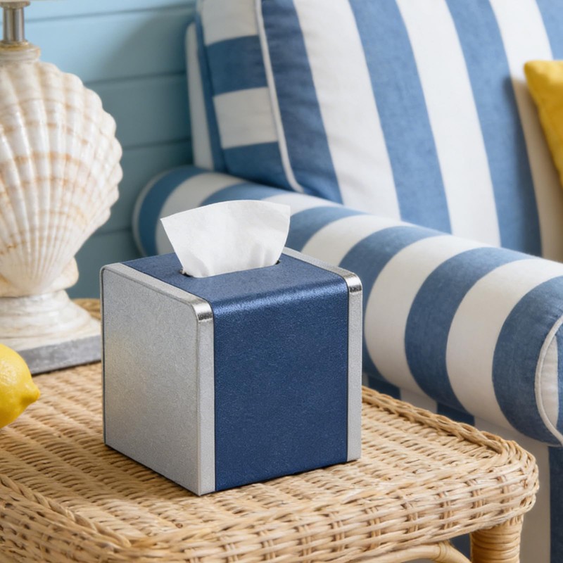 Blue Tissue Box Cover Square with Magnetic Closure, PU Leather