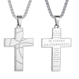 HattiDoris Basketball Cross Necklace for Men Inspirational Bible Verse Cross Pendant Stainless Steel Chain 22+2 inch Basketball Sports Jewelry Basketball Gift for Men Women(S-Be Strong)