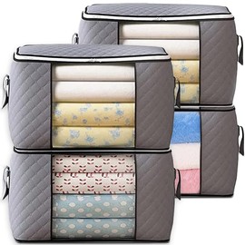 Bolsa de almacenamiento plegable Bolsa de almacenamiento de colchas Bolsa de tela gruesa con ventanas transparentes y asas duraderas Guarde ropa, mantas, edredones y juguetes 90L, 4P