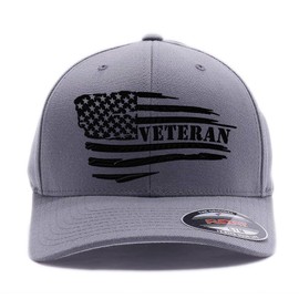 Veteran American Flag Embroidered Flex Fitted Hat. Custom Embroidered Baseball Cap (S/M, Grey)