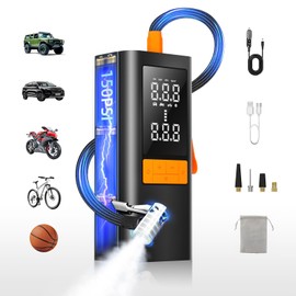 Hexnova Cordless Tire Inflator Portable Air Compressor, 150 PSI Air Pump with Rechargeable Battery, Tire Pressure Gauge, 12V Car Power Adapter, Smart Air Pump for Car, Motorcycle, Bike, Ball