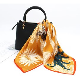 ANDANTINO 100% Real Mulberry Silk Scarf -21'' x 21''- Lightweight Neckerchief –Women Men Small Square Digital Printed Scarves (Yellow-Forest)