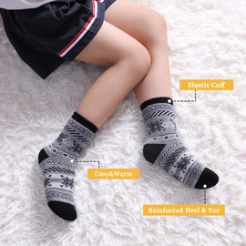 FNOVCO Kids Merino Wool Hiking Socks Toddlers Boys Girls Cozy Thermal Winter Thick Warm Crew Socks 6 Pairs (8-12 Years, Snowflake)