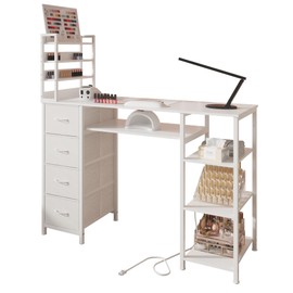 NinPeen Manicure Table Nail Desk for Nail tech with Drawers and Power Outlet,Nail Beauty Table with Storage and Open Shelves for Home,Workshop,Makeup Beauty Salon Workstation (White)