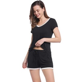 Amorbella Womens Bamboo Viscose Pyjamas Set Cool Summer Short Sleeve Top and Shorts Pjs Loose Ladies Lightweight V-Neck Sleepwear (Black,Large)
