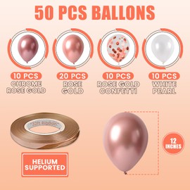 50 Pcs Rose Gold Balloons Set for Parties,Rose Gold Chrome,White Pearl,and Rose Gold Confetti,12 Inch Latex Balloons for Party Decorations,Birthday,Bridal Shower,Wedding Décor, Engagement,32ft Ribbon
