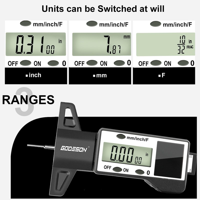 GODESON Digital Tire Tread Depth Gauge -Reads 32NDS, Inch &