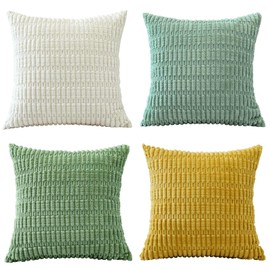 OTOSTAR Pack of 4 Boho Corduroy Decorative Throw Pillow Covers 18x18 Soft Striped Pillowcases for Sofa Patio Farmhouse Bedroom Living Room 45x45cm Modern Home Decor Cushion Covers Green Yellow White