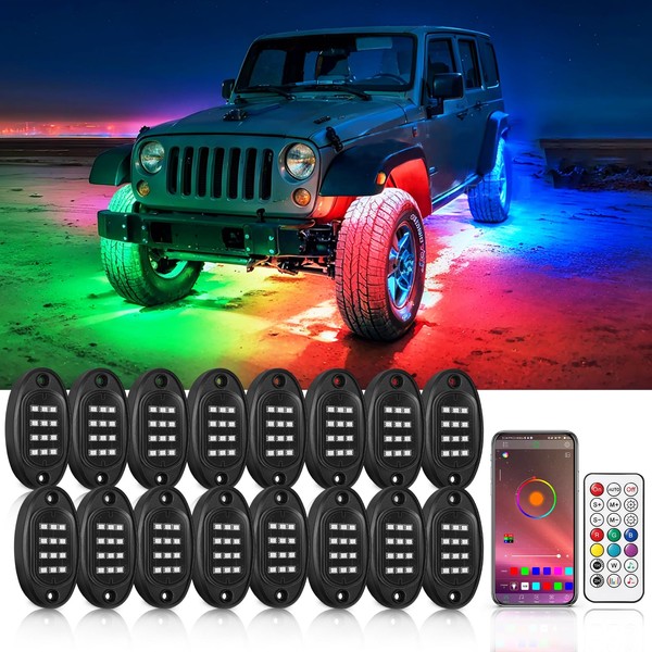 16Pods Chasing Effect Dream Color LED Rock Lights for Jeep, RGB+IC Underglow Lights with APP/RF Remote, Multi Color Brake Magic Neon Music Mode Waterproof RGB Rock Lights for Trucks Jeep UTV ATV