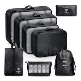 CUQOO 8pc Packing Cubes for Suitcases in Black – Lightweight Suitcase Organiser Bags Set with Mesh Top | Waterproof packing cubes for travel | Strong Travel Bags Organiser Travel Essentials for Flying