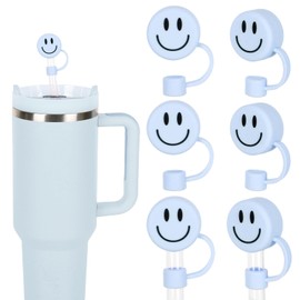 Whaline 6Pcs Smiling Face Straw Covers Light Blue Silicone Reusable Straw Topper Double Sided Pattern Straw Tip Covers 10mm 0.4 Inch for 30 & 40 OZ Tumbler with Handle