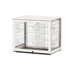 Piskyet Wooden Dog Crate Furniture with Divider Panel, Dog Crate End Table with Fixable Slide Tray, Double Doors Dog Kennel Indoor for Dogs(M:31.8" L*22.1" W*26.3" H,White)
