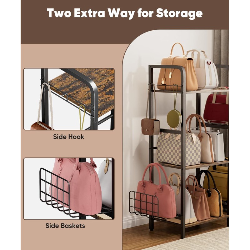 Tuohours 3-Tier Purse Organizer Rack, Iron & Wood Floor-Standing Bag