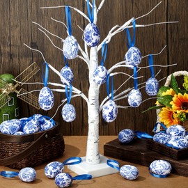 Liliful 36 Pcs Easter Hanging Egg Ornament Blue and White Egg Hanging Tree Decorations Chinoiserie Decorative Eggs Foam Baubles for Easter Tree Spring Farmhouse Ornament Basket Filler