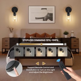 Epinl Battery Operated Wall Sconce Set of 2 - Dimmable Wireless Wall Sconces Rechargeable Wall Lights with Clear Glass Shade Remote Control Modern Bathroom Vanity Lights for Bedroom (Black, 2 Pack)