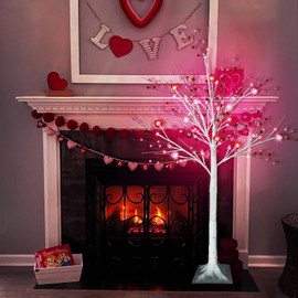 Ruidazon 4 FT Valentines Day Decorations, Lighted Valentines Day Tree with Heart Berry Ornaments 48 Led Red Pink Lights Artificial Birch Tree for Gifts Home Indoor Decoration