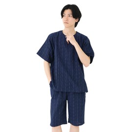 Men’s Jinbei Shirt and Shorts Set, Summer, Henley Neckline, Cotton-Linen, Stylish, Cool, Buttons, Pajamas, blue/white, LL