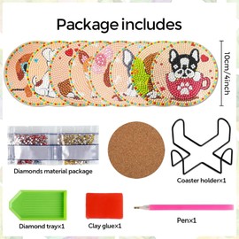 Leatrice 8PCS Diamond Art Coasters Holder Diamond Painting Kits for Adults Beginner Peinture Diamant Dots Gem Art Peinture Diamant Dot Cute Coaster for Drinks Coffee Bar Decor Table Décor Dog