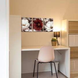 RyounoArt Red and Brown Flower Paintings Maroon Floral Canvas Art Burgundy Picture Prints for Bathroom Bedoroom Wall Decor Gallery Wrapped 12 * 16in*3pcs